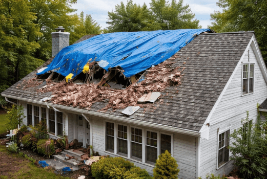 Storm-damaged roof awaiting restoration