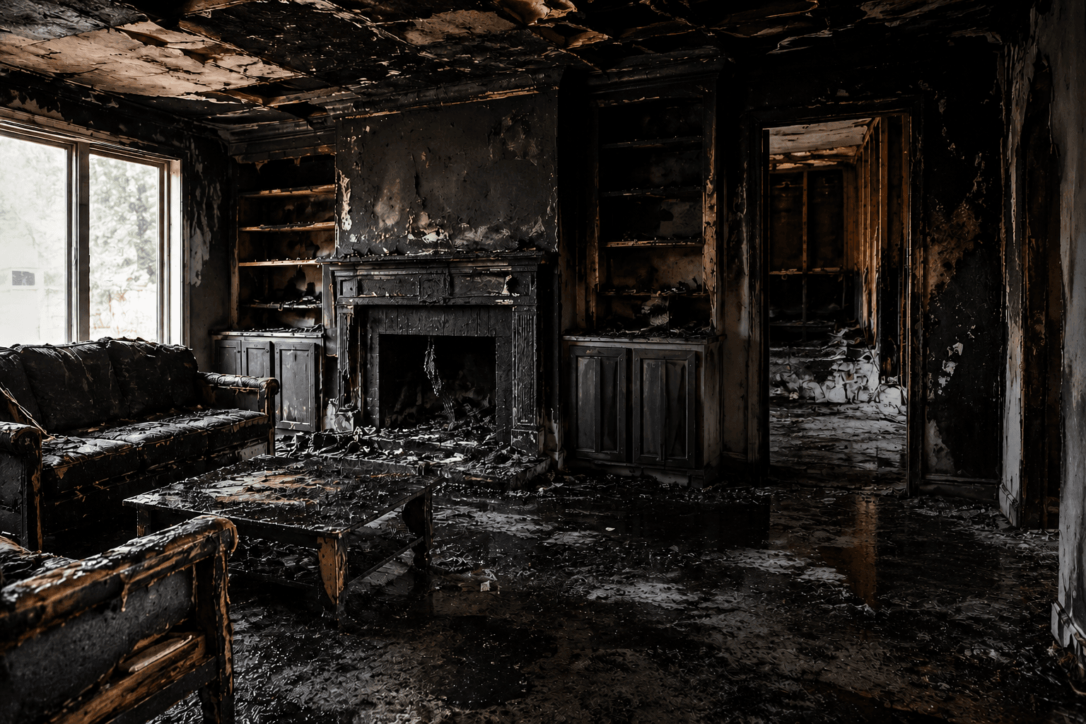 Fire damage restoration work in progress