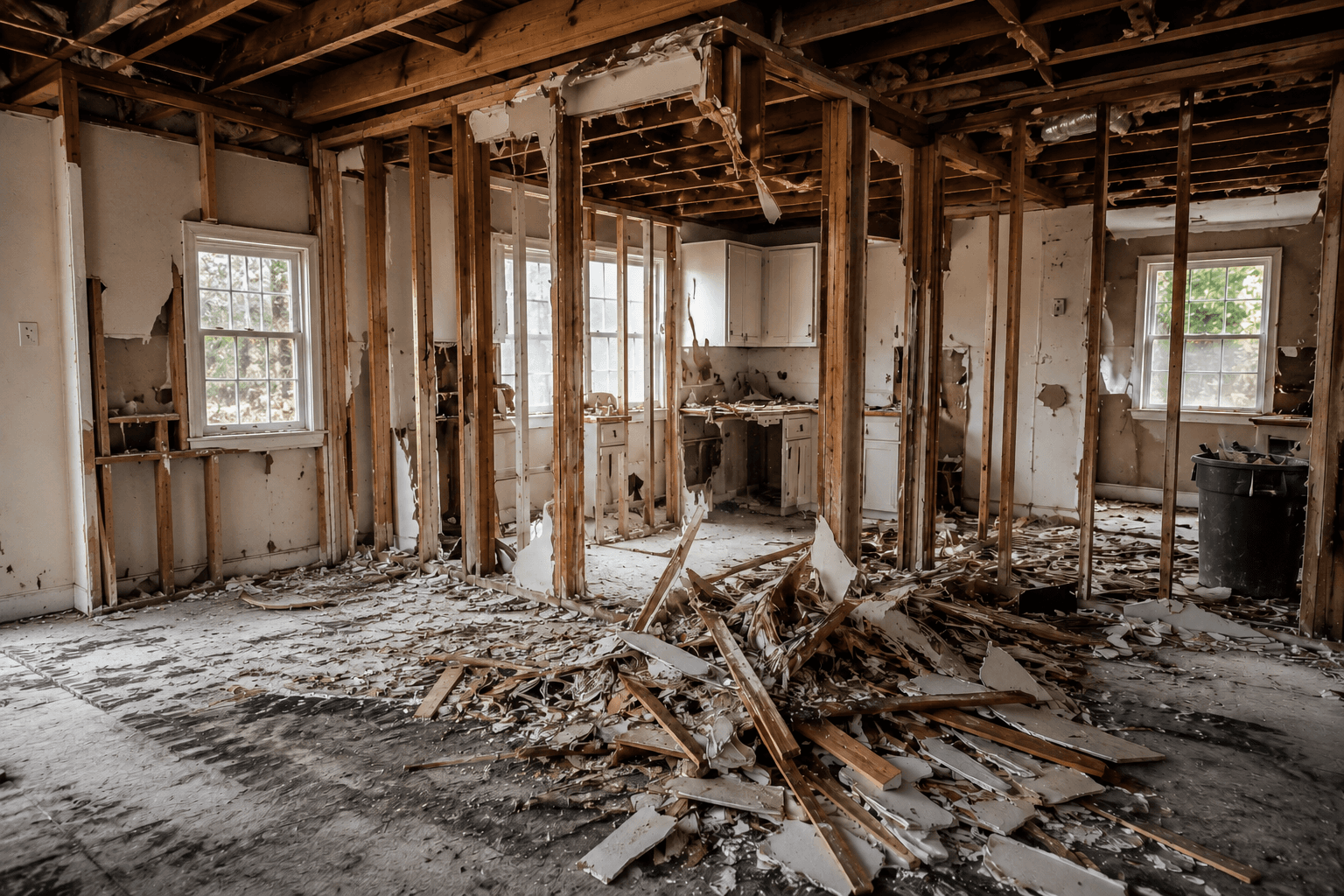 Damaged interior prepared for demolition and reconstruction