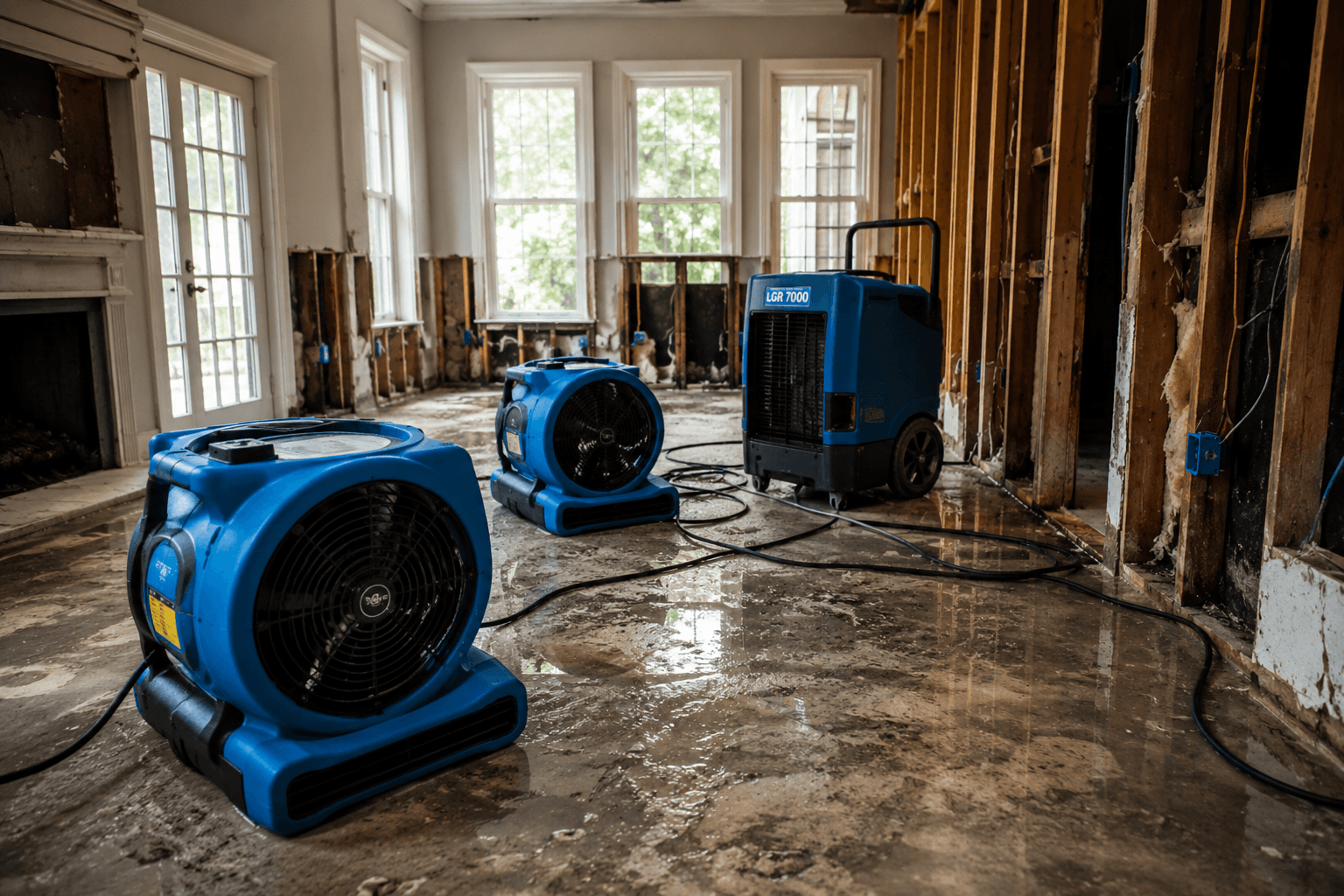 Water mitigation drying equipment inside a damaged property